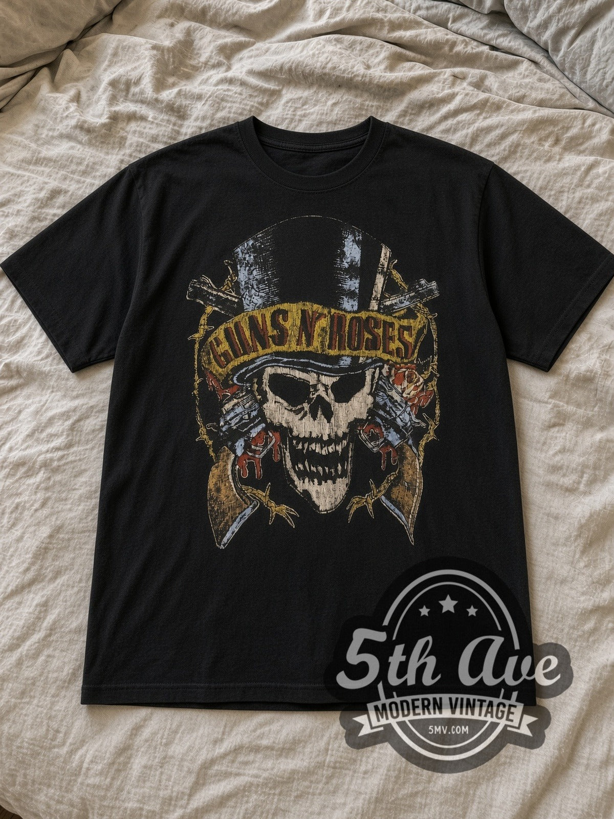 Black Guns N' Roses 1989 North American Tour Vintage Band T-Shirt laid flat on a linen bed