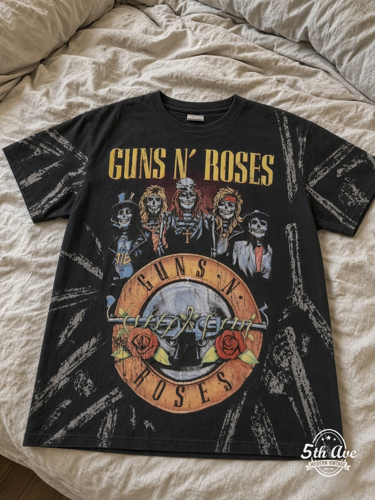 Guns N' Roses Appetite Boxes Skeleton all over print vintage tee laid on bed