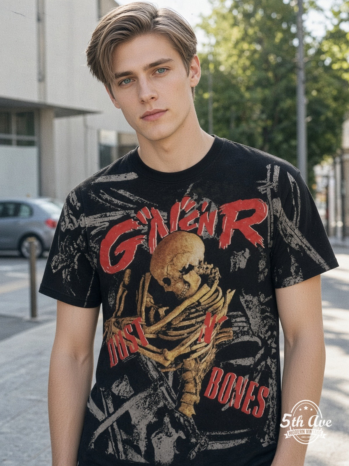 Guns N' Roses Appetite Boxes Skeleton all over print vintage tee model wearing