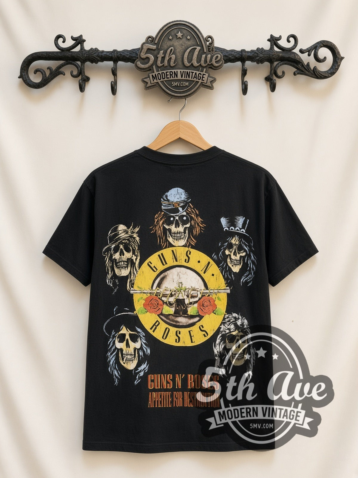 Guns N' Roses Appetite Cross Skull all-over-print vintage band t-shirt in black, back view on a display rack