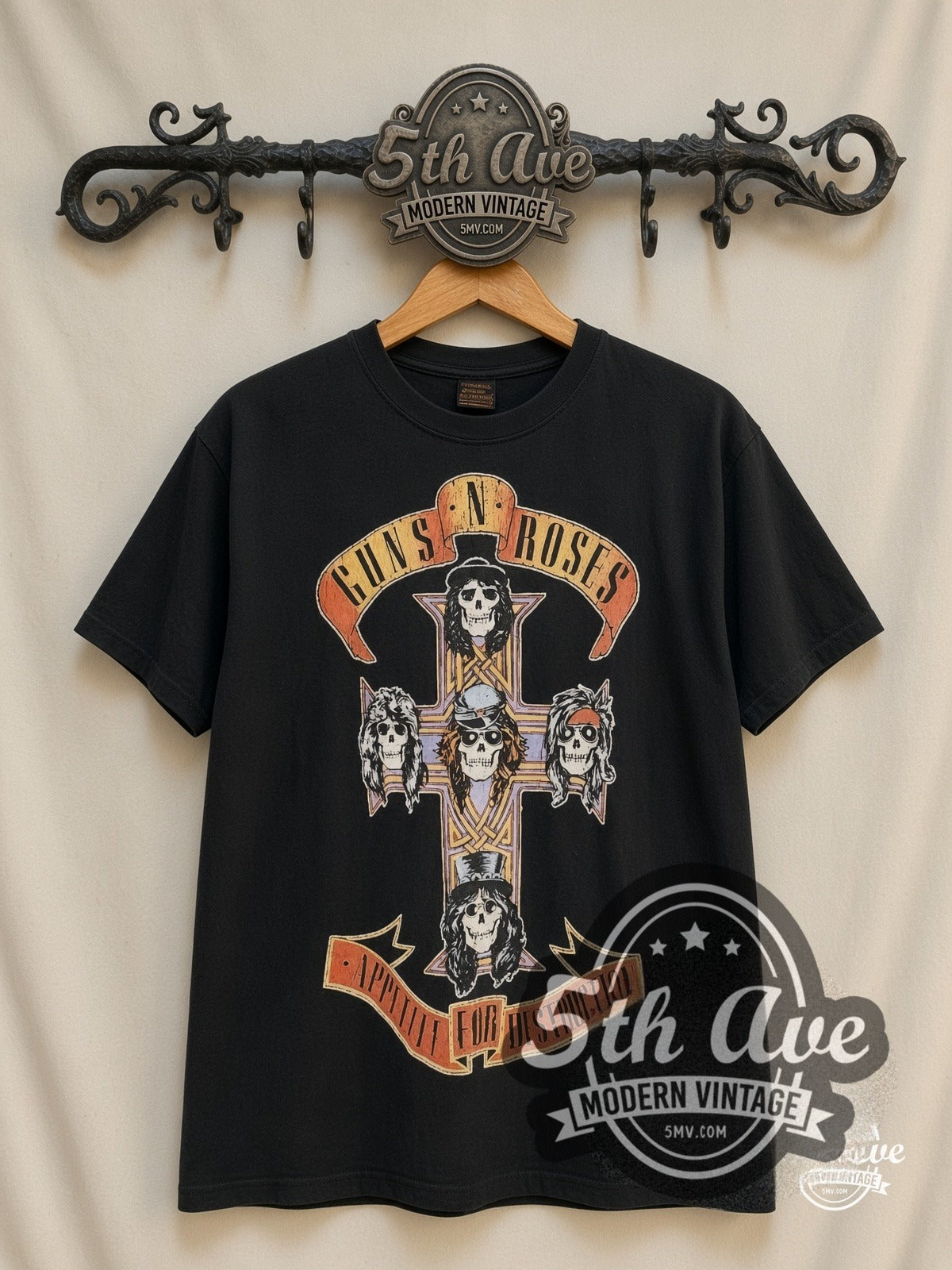 Guns N' Roses Appetite Cross Skull all-over-print vintage band t-shirt in black, front view on a display rack