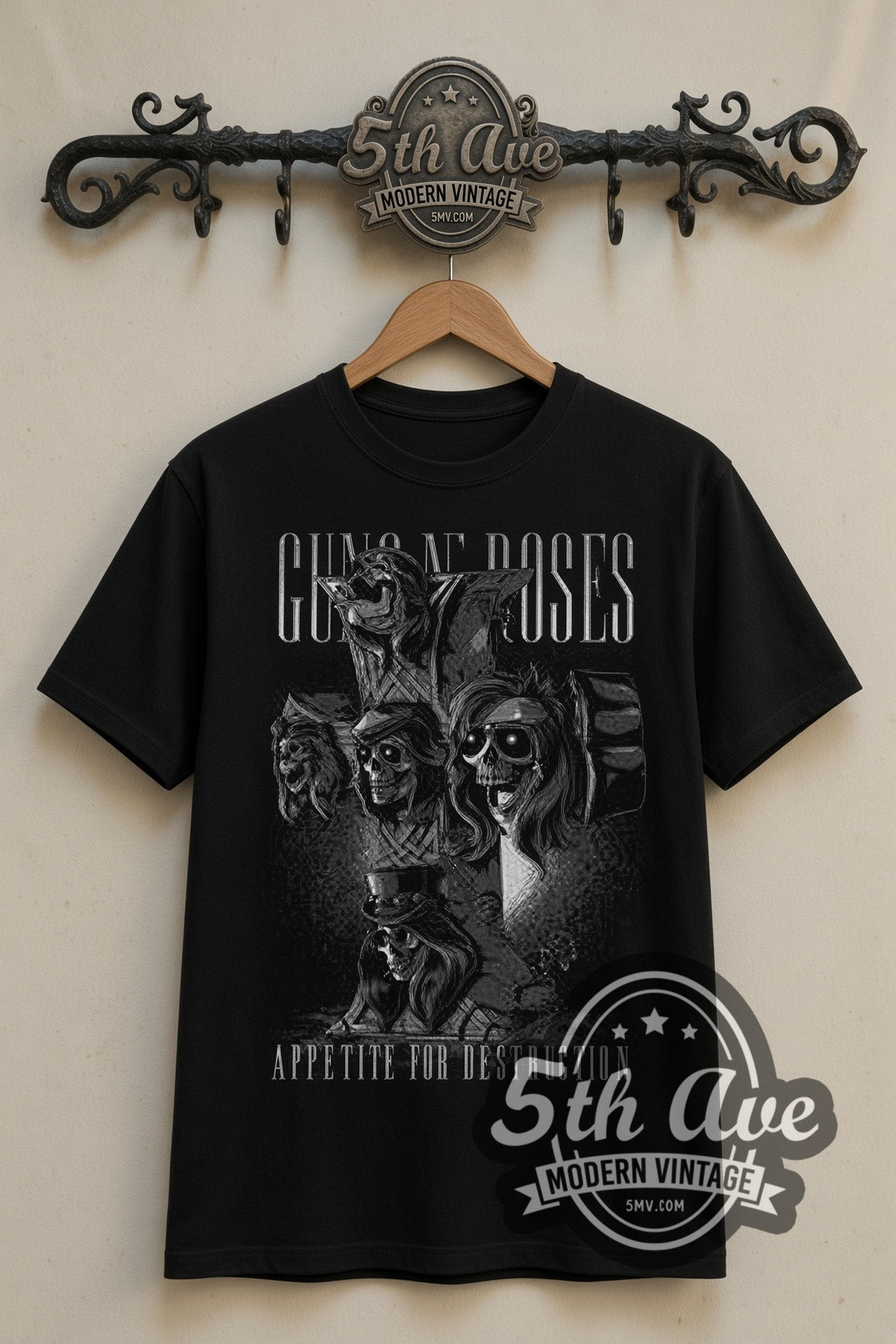 Guns N' Roses Appetite Cross Skulls Grey double stitched black tee front on dark iron 5th Ave rack