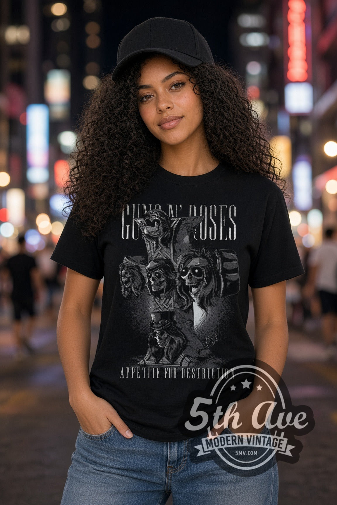 Woman wearing Guns N' Roses Appetite Cross Skulls Grey double stitched black graphic tee