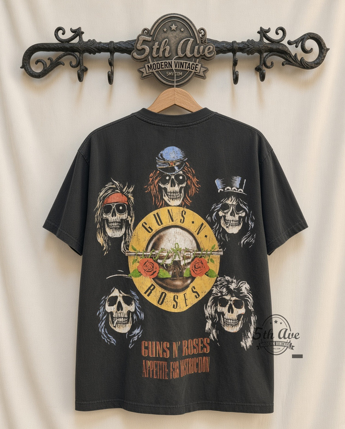 Guns N' Roses Appetite Cross Skulls Bullet Logo vintage band t-shirt back on cream 5th Ave rack