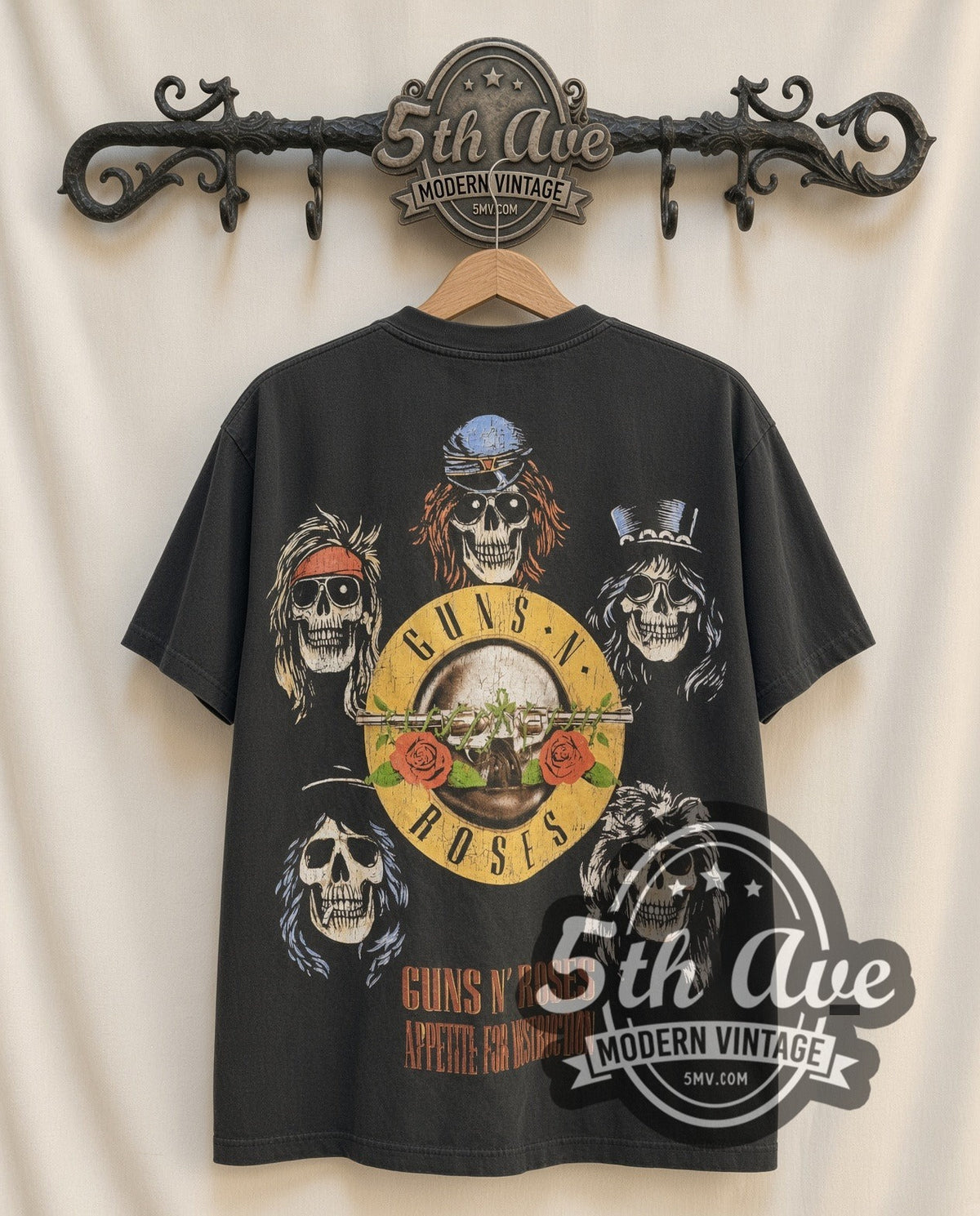 Guns N' Roses Appetite Cross Skulls Bullet Logo vintage band t-shirt, back view on the 5MV rack