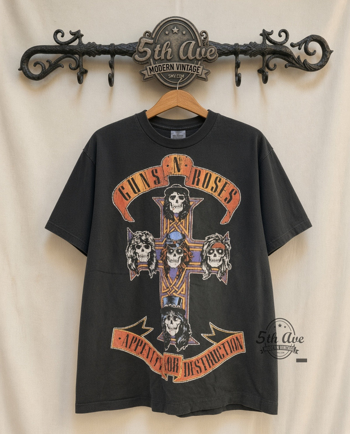 Guns N' Roses Appetite Cross Skulls Bullet Logo vintage band t-shirt front on cream 5th Ave rack
