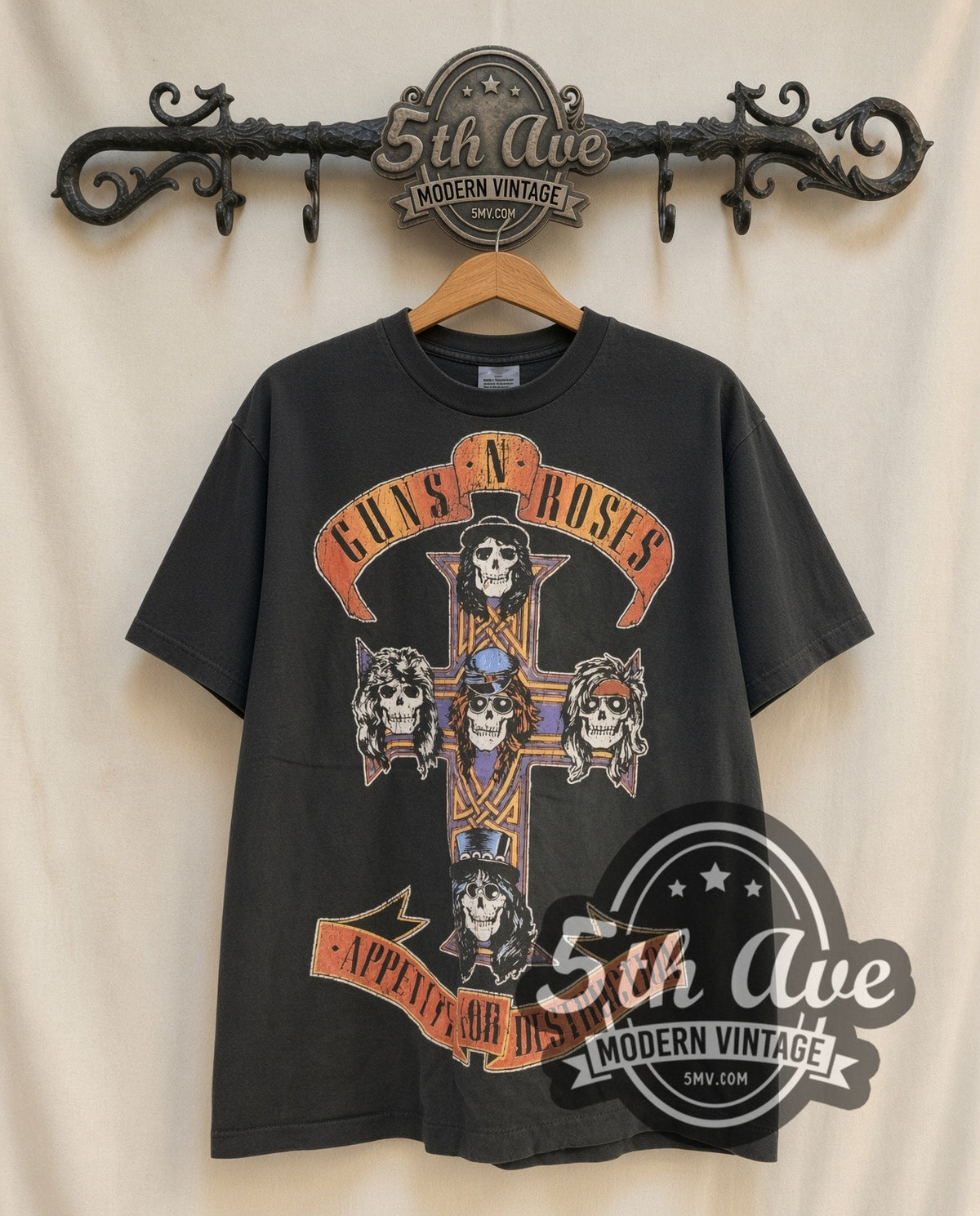 Guns N' Roses Appetite Cross Skulls Bullet Logo vintage band t-shirt, front view on the 5MV rack