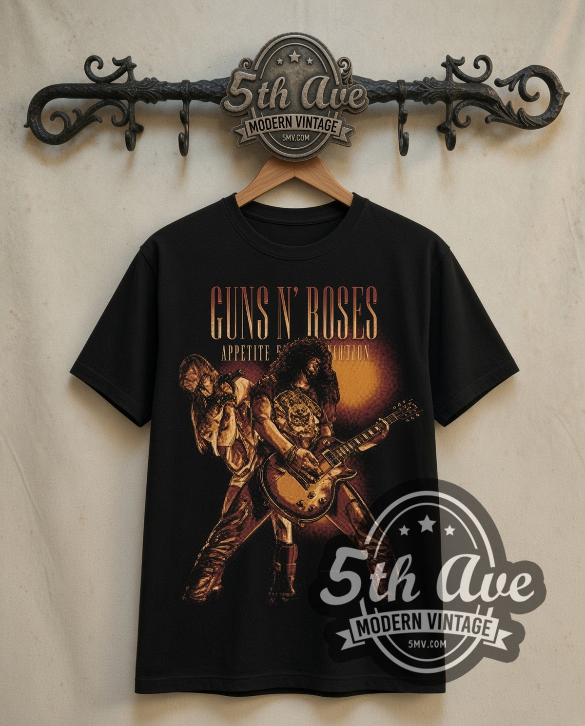 Guns N' Roses Appetite Slash and Axl Live double stitched black tee front on dark iron 5th Ave rack