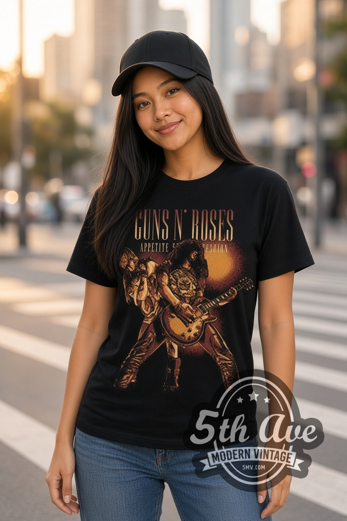 Woman wearing Guns N' Roses Appetite Slash and Axl Live double stitched black graphic tee
