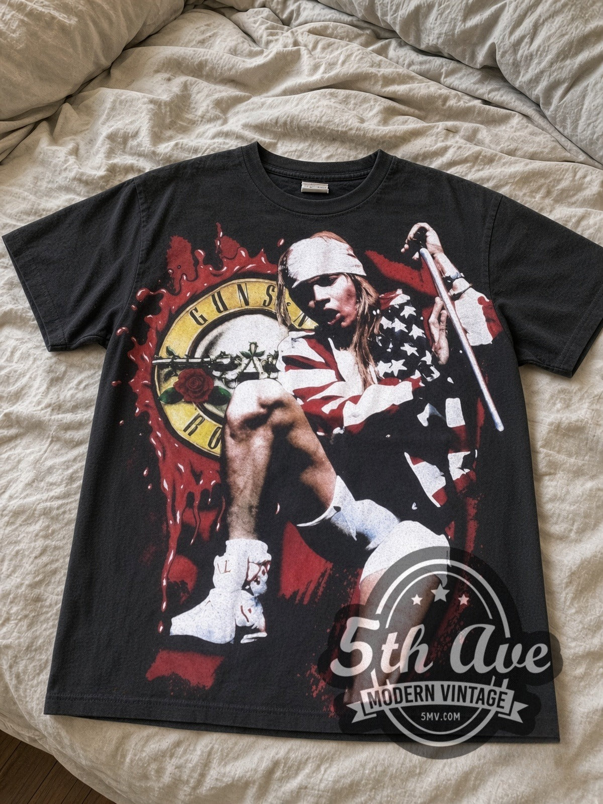 Guns N' Roses Axl Circular Logo all-over-print vintage band tee laid flat