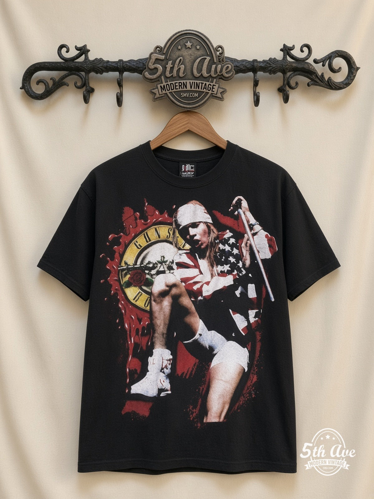 Guns N' Roses Axl Circular Logo all over print vintage band t-shirt front on cream 5th Ave rack