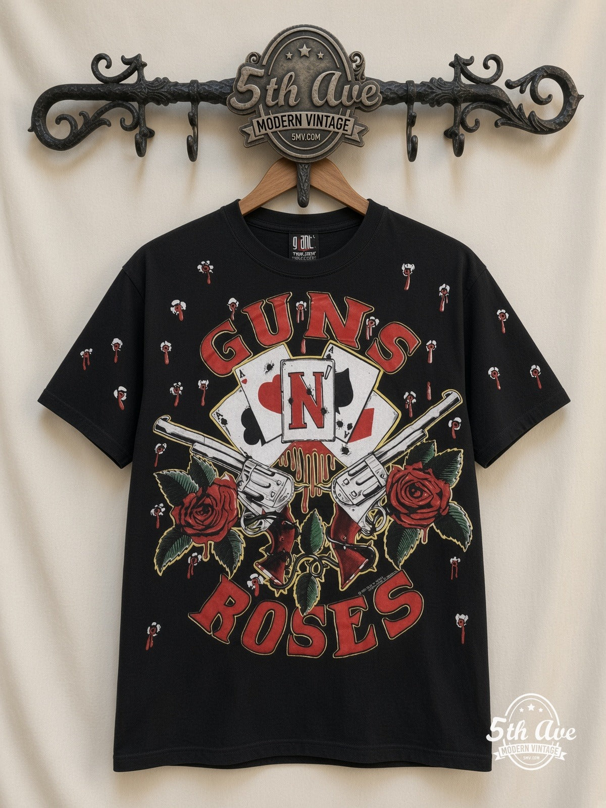 Guns N' Roses Bullet Logo Repeat all over print vintage band t-shirt front on cream 5th Ave rack