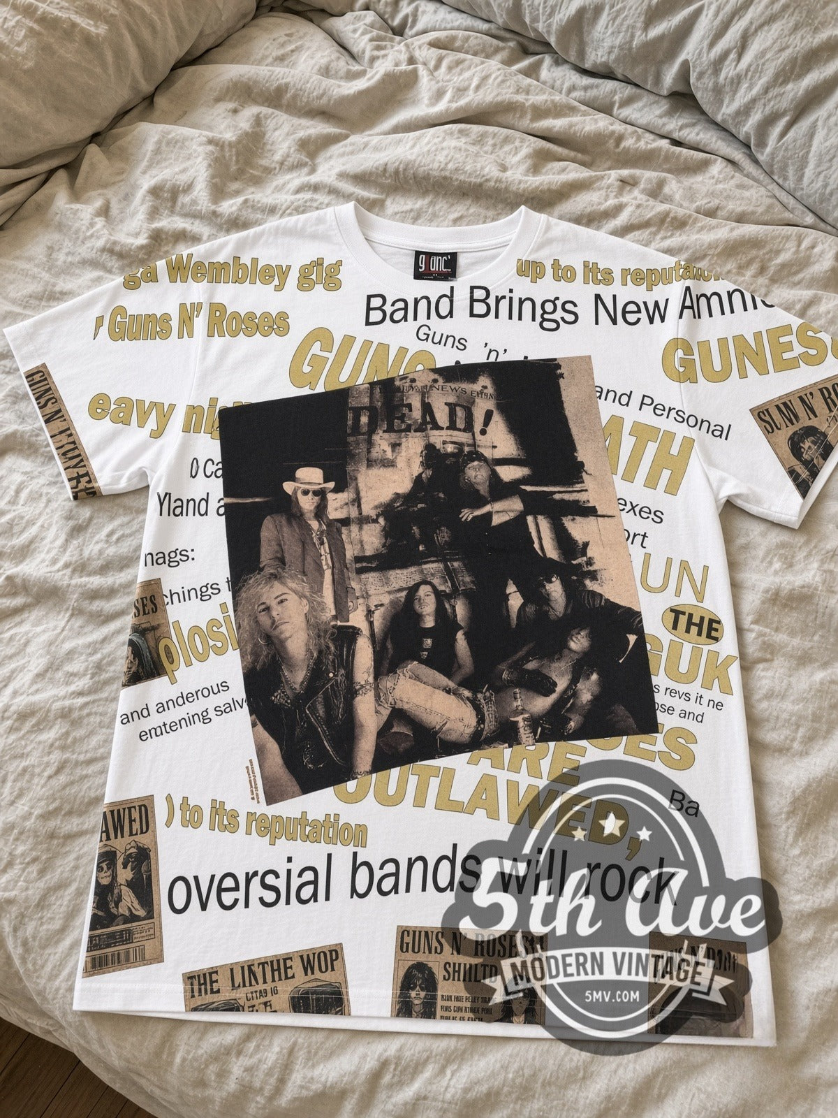 Guns N' Roses Newspaper Outlawed all-over-print vintage band tee laid flat