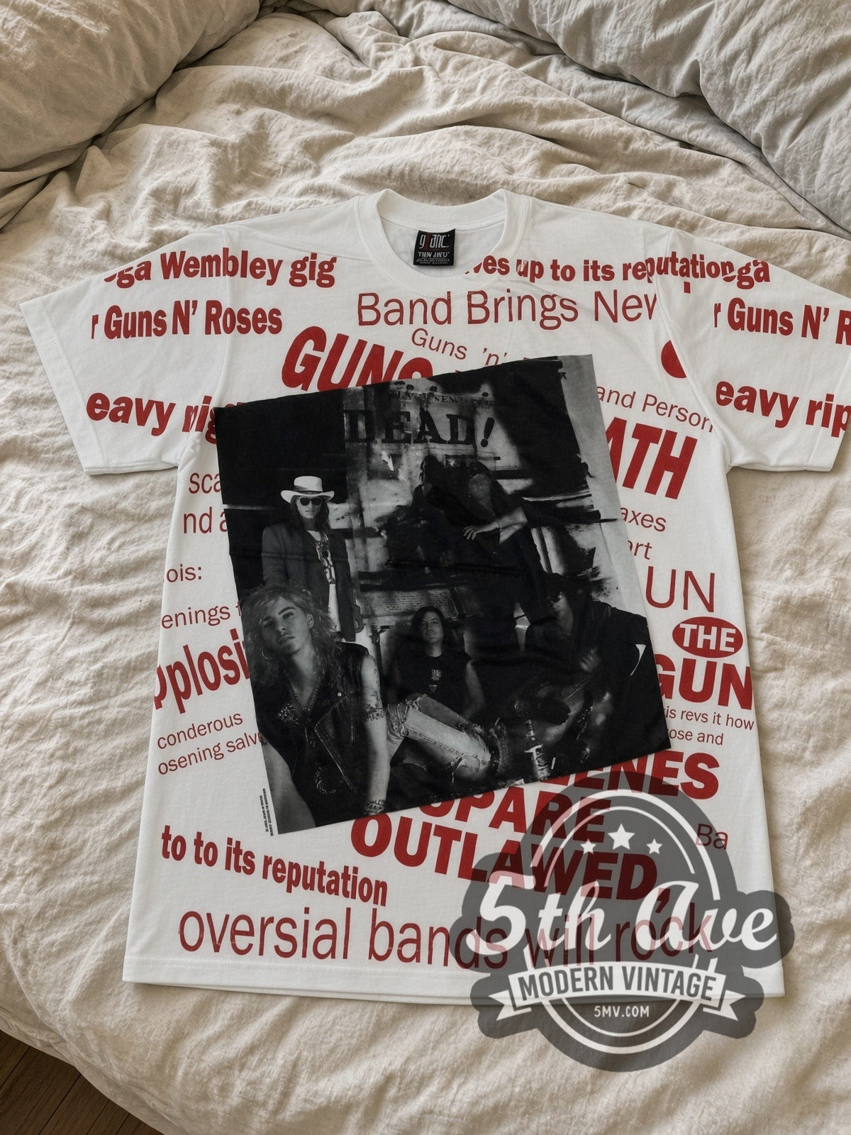 Guns N' Roses Newspaper Outlawed V2 all-over-print vintage band tee laid flat