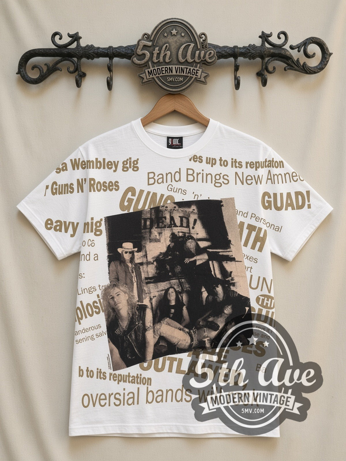 Guns N' Roses Newspaper Outlawed all-over-print vintage band t-shirt in white, front view on a display rack