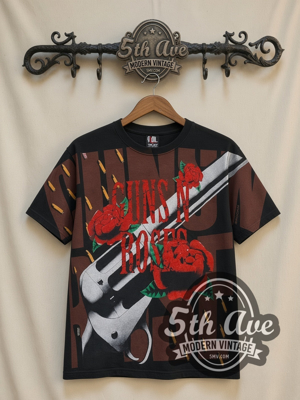 Guns N' Roses Revolver Roses all-over-print vintage band t-shirt in black, front view on a display rack