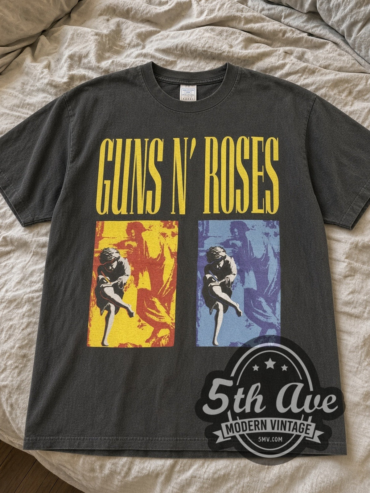 Faded Black Guns N' Roses Use Your Illusion Tour 1992 Europe vintage band tee laid flat on linen bed