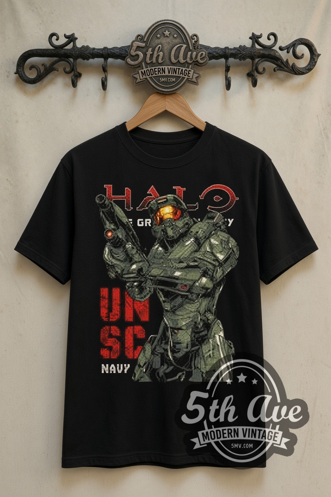 Halo Master Chief UNSC double stitched black tee front on dark iron 5th Ave rack