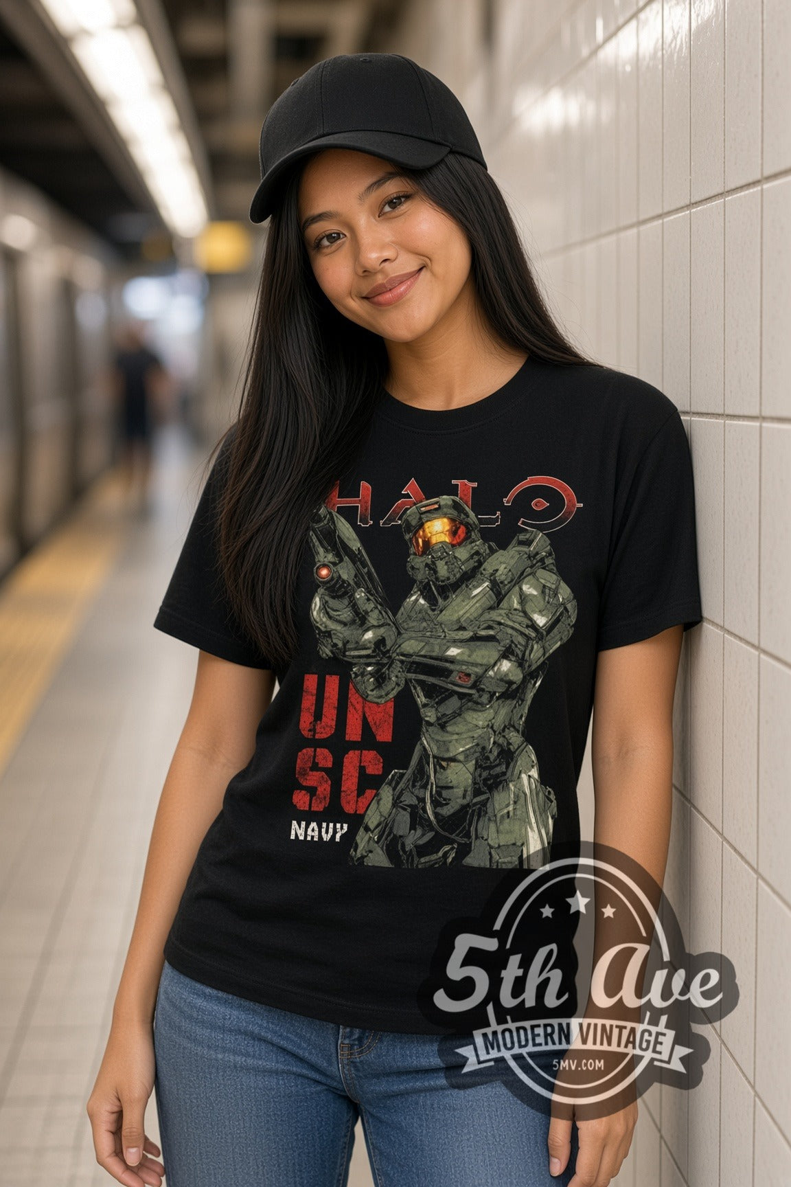 Woman wearing Halo Master Chief UNSC double stitched black graphic tee