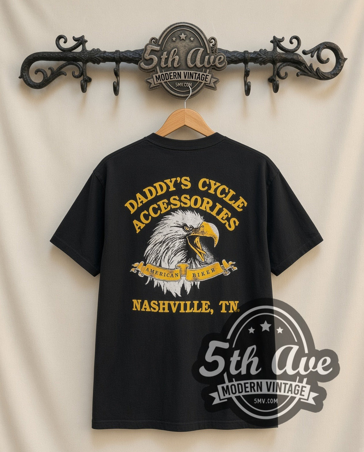 Harley-Davidson The Strong Survive graphic tee in black, back view on a display rack