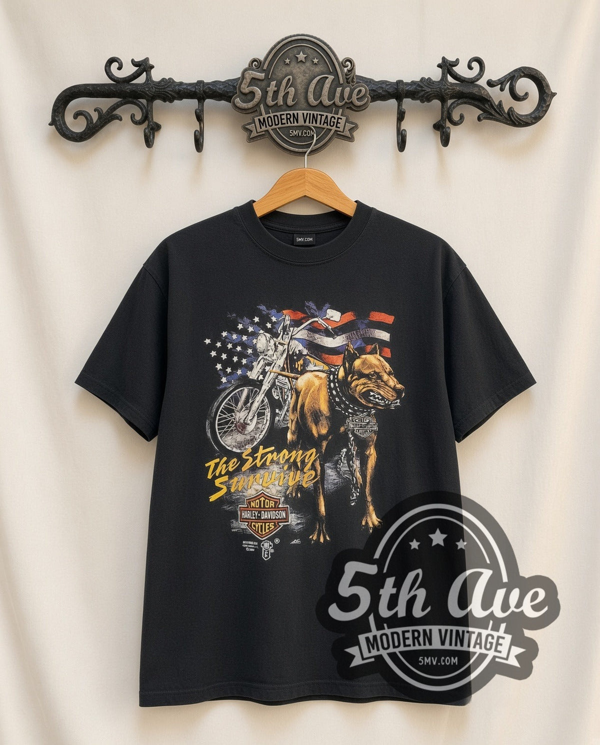 Harley-Davidson The Strong Survive graphic tee in black, front view on a display rack