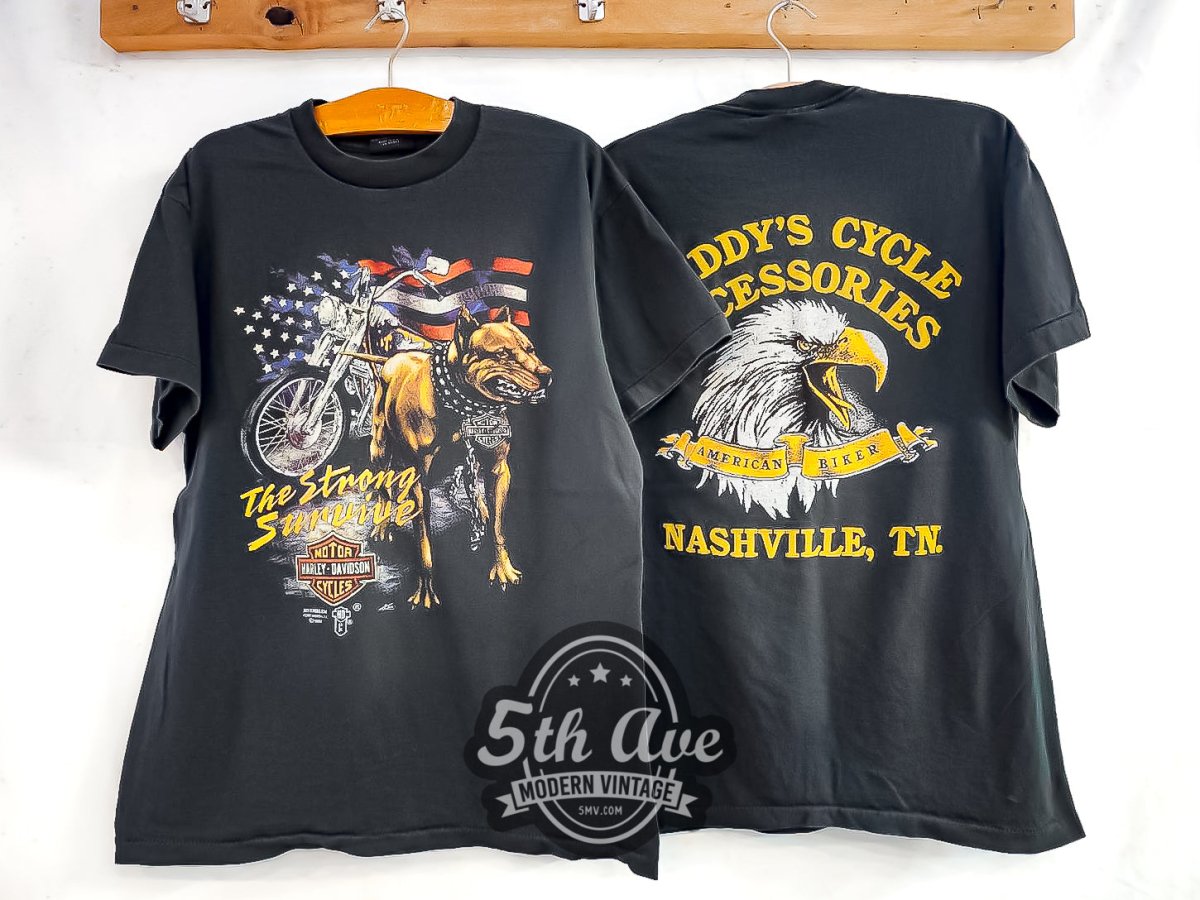 Harley Davidson 1988 'The Strong Survive' Daddy's Cycle Accessories - Vintage Reprint T-Shirt - Vintage Band Shirts
