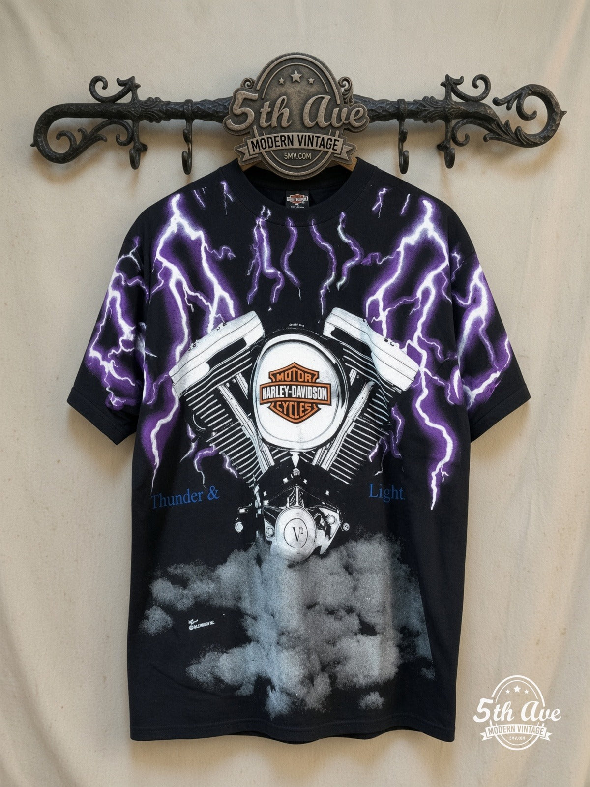 Harley-Davidson Thunder and Lightning Engine vintage graphic tee on rack