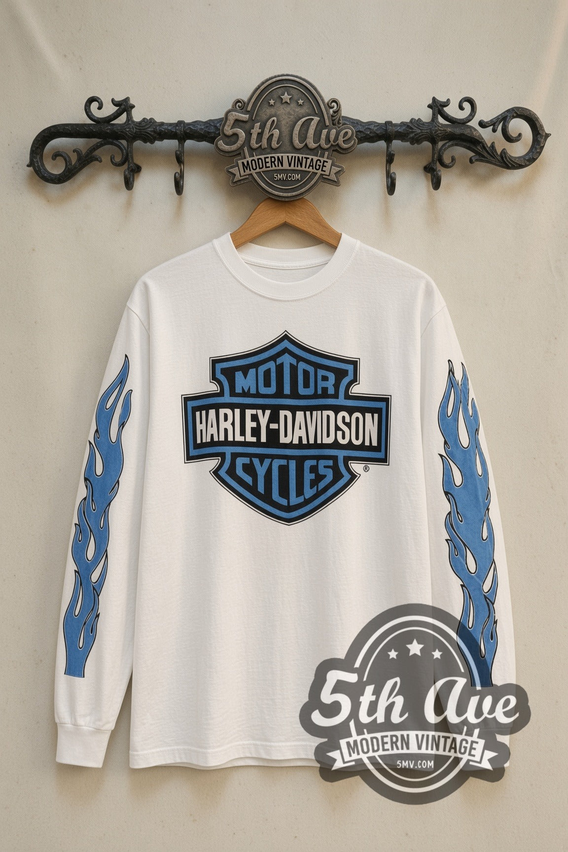 Harley-Davidson A.D. Farrow blue flames long sleeve front on the 5MV rack