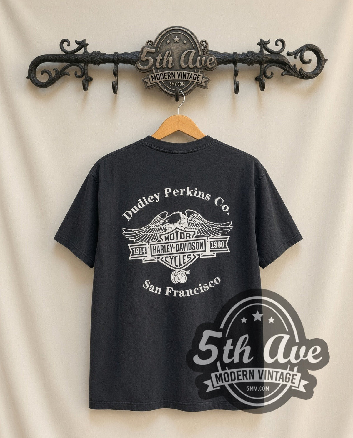 Harley-Davidson A Legend Takes Wing' San Francisco vintage Harley tee in black, back view on a display rack