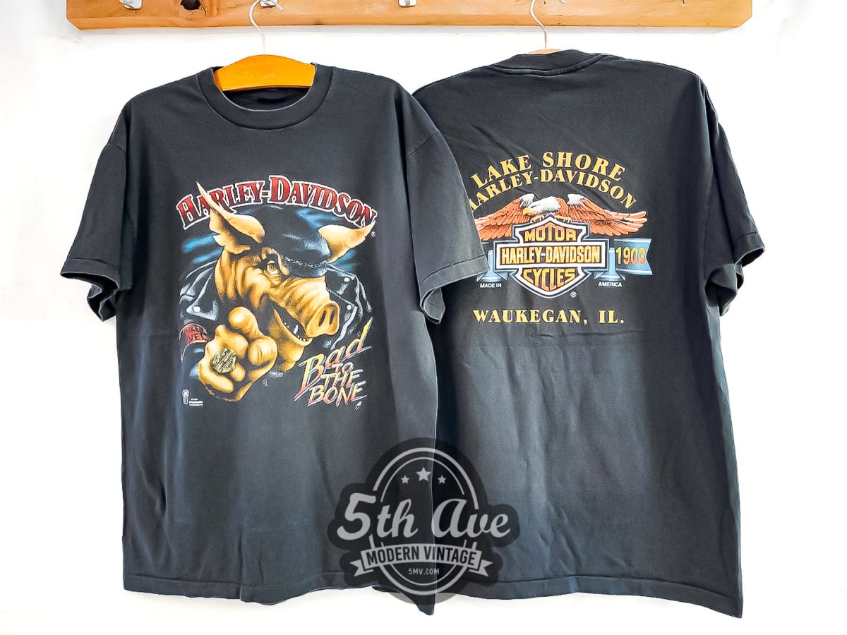 Harley Davidson 'Bad to The Bone' Lake Shore, Waukegan, IL - Vintage Reprint T-Shirt - Vintage Band Shirts
