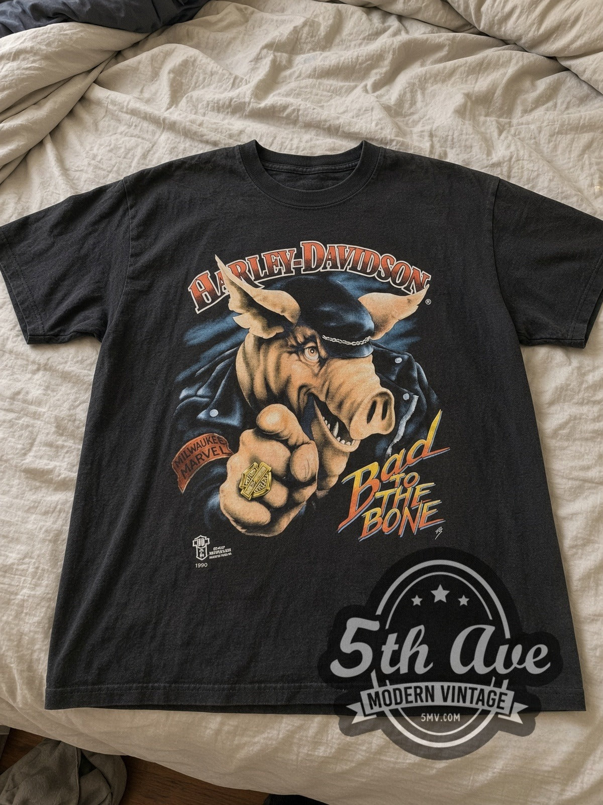 Harley-Davidson Bad to the Bone / Lake Shore Waukegan vintage Harley tee laid flat