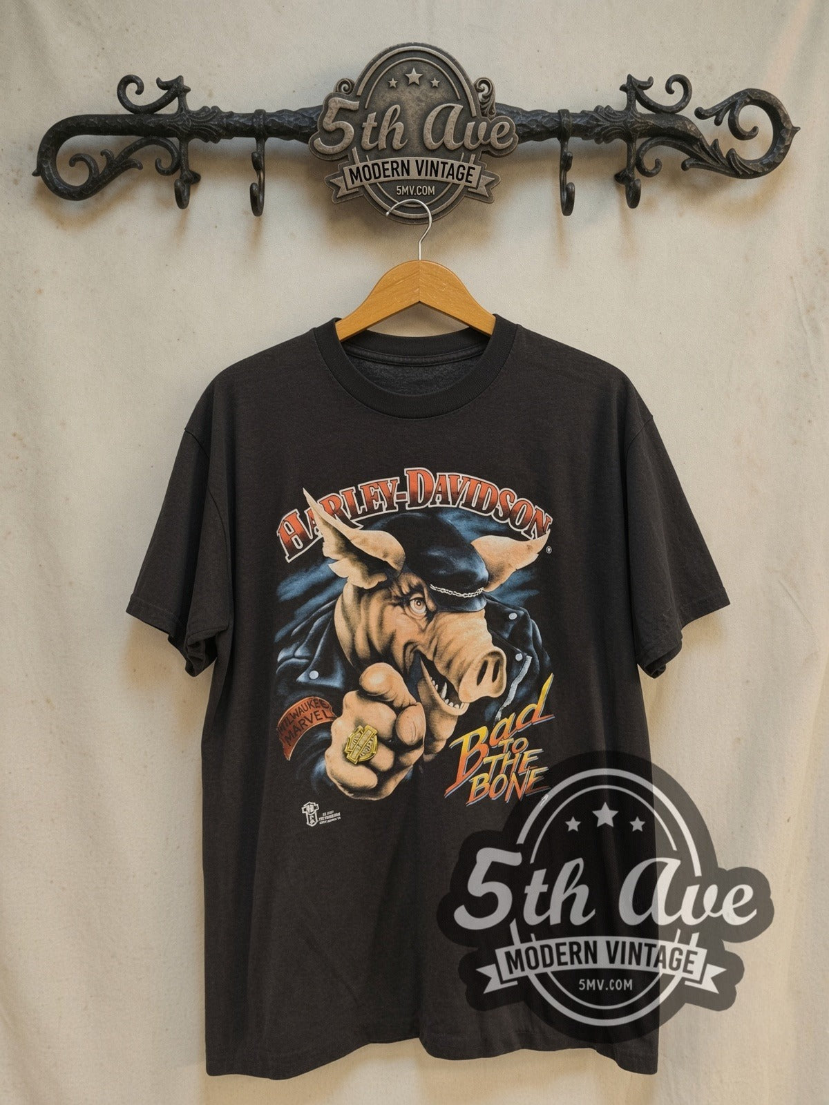 Harley-Davidson Bad to the Bone / Lake Shore Waukegan vintage Harley t-shirt, front view on a display rack