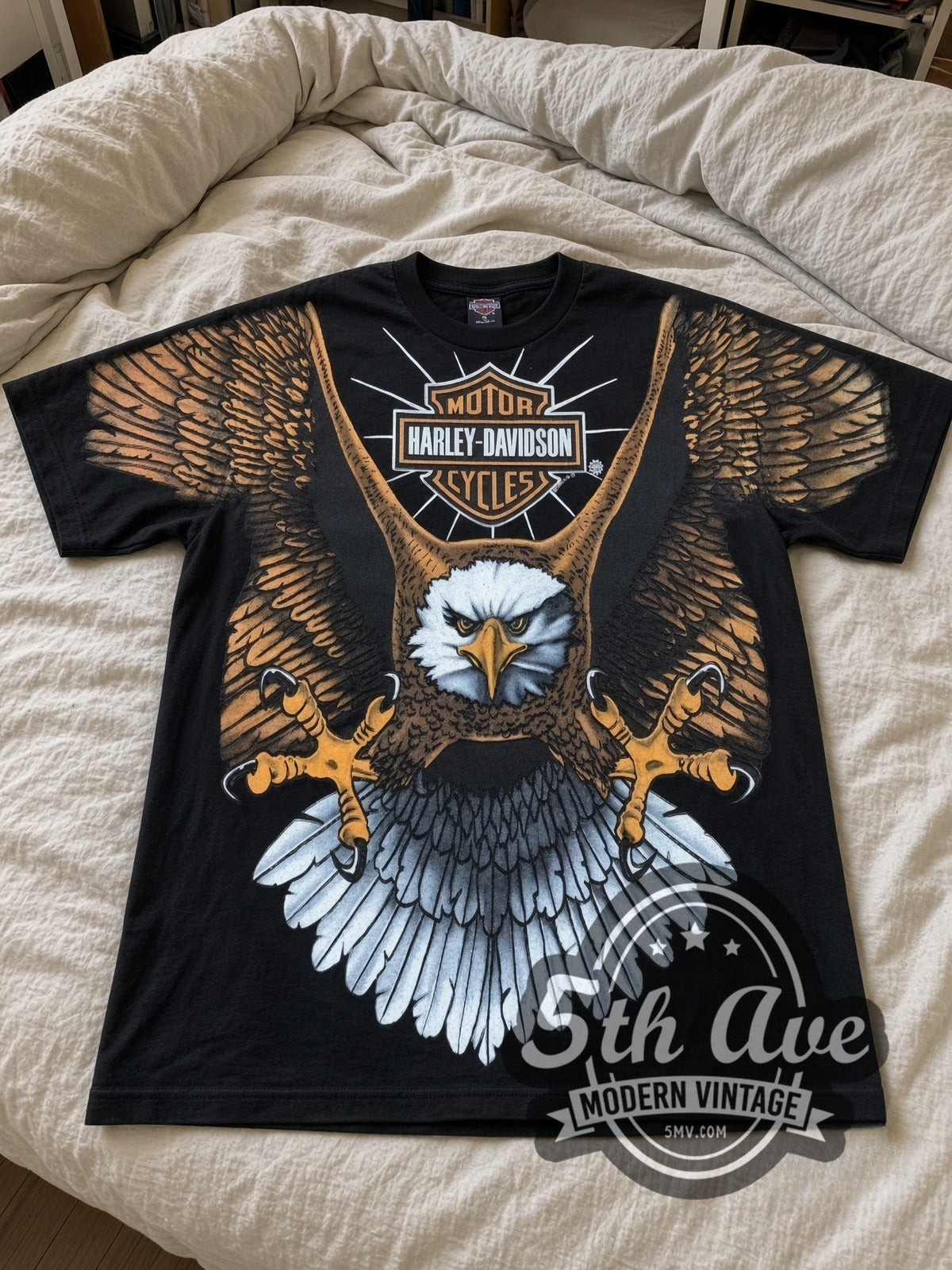 Harley-Davidson Bald Eagle Bar Shield all-over-print vintage Harley tee laid flat