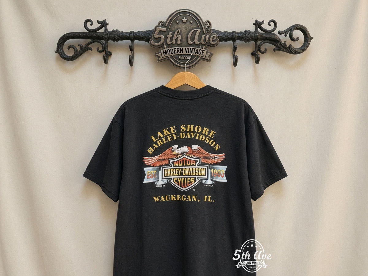 Harley-Davidson – The Strong Survive' Lake Shore, Waukegan, IL – Vintage Graphic Tee vintage tee on 5th Ave cream rack — back