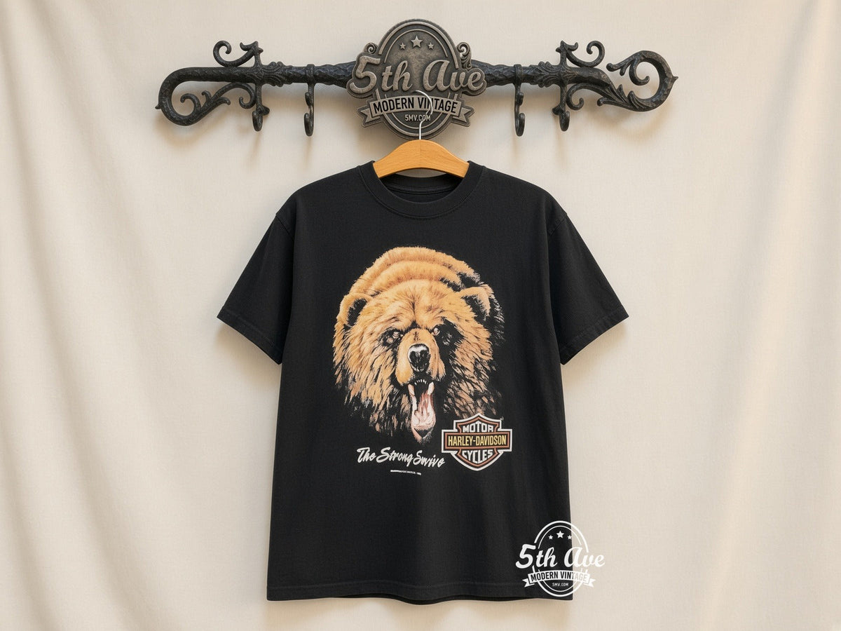 Harley-Davidson – The Strong Survive' Lake Shore, Waukegan, IL – Vintage Graphic Tee vintage tee on 5th Ave cream rack — front