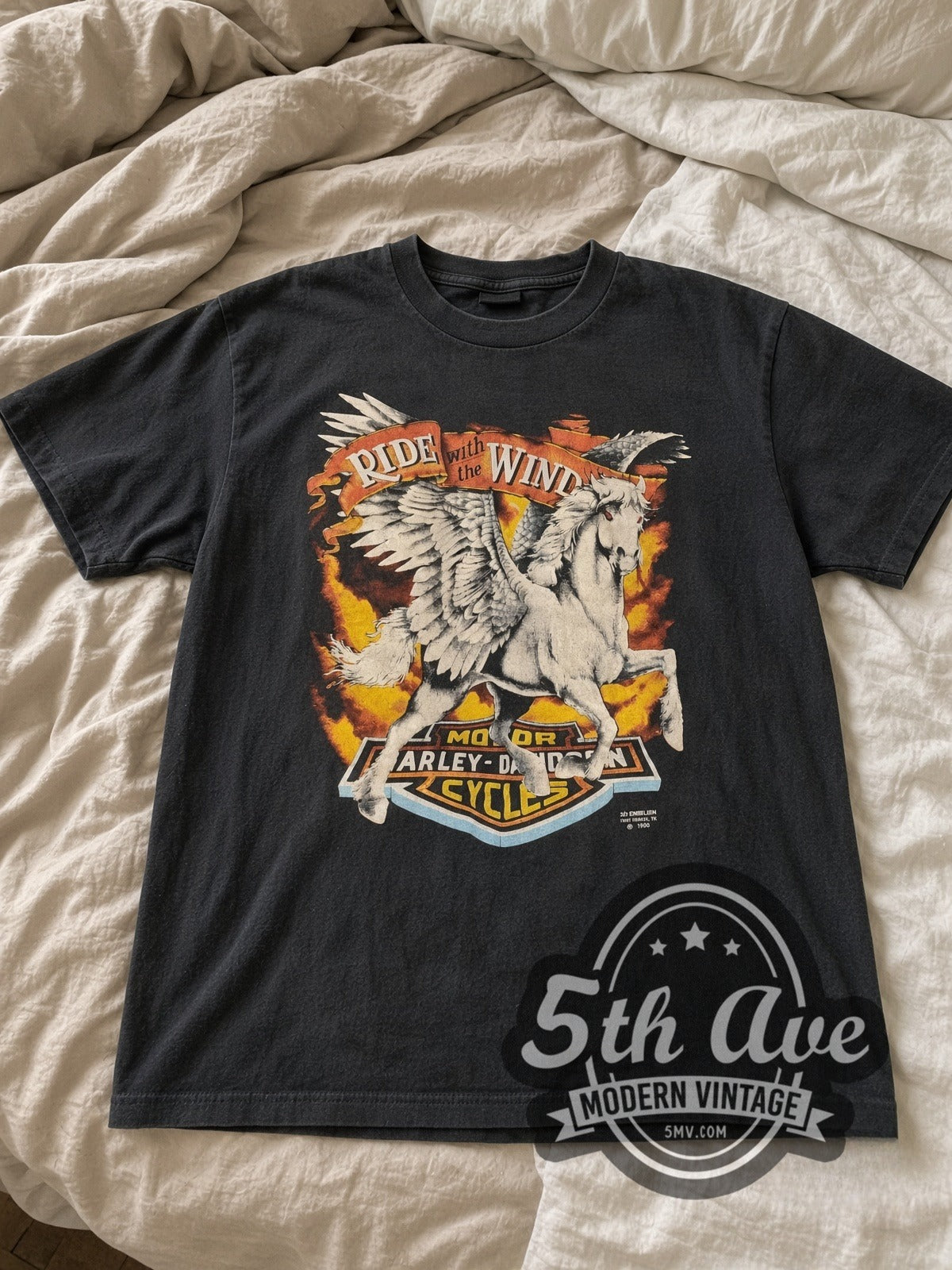 Harley-Davidson Bellflower Ride with the Wind / Pegasus vintage graphic tee laid flat