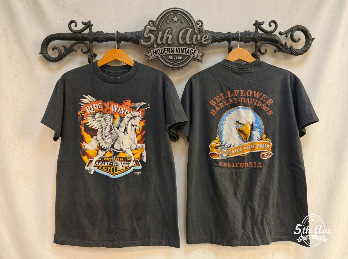 Harley Bellflower Pegasus vintage band t-shirt on rack