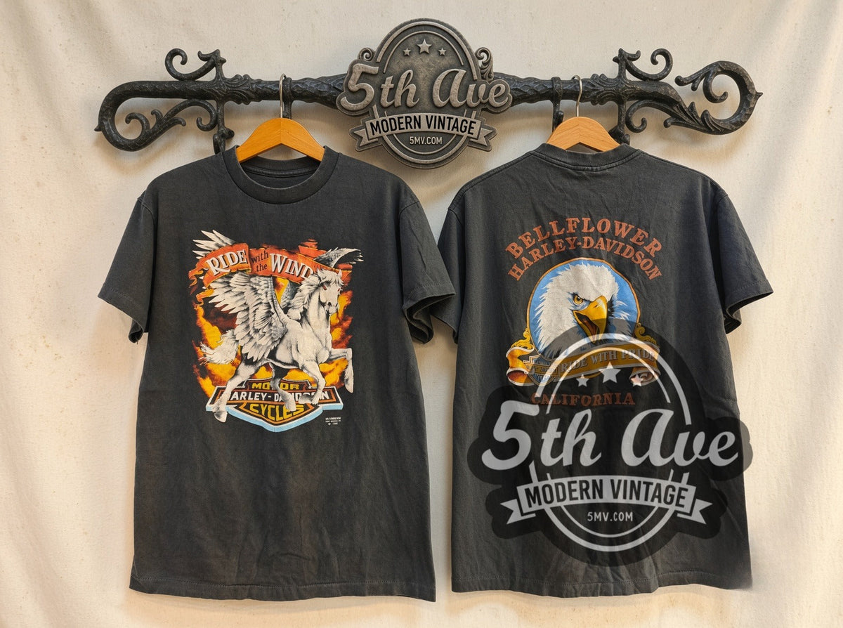 Harley-Davidson Bellflower Ride with the Wind / Pegasus vintage graphic t-shirt, front view on a display rack