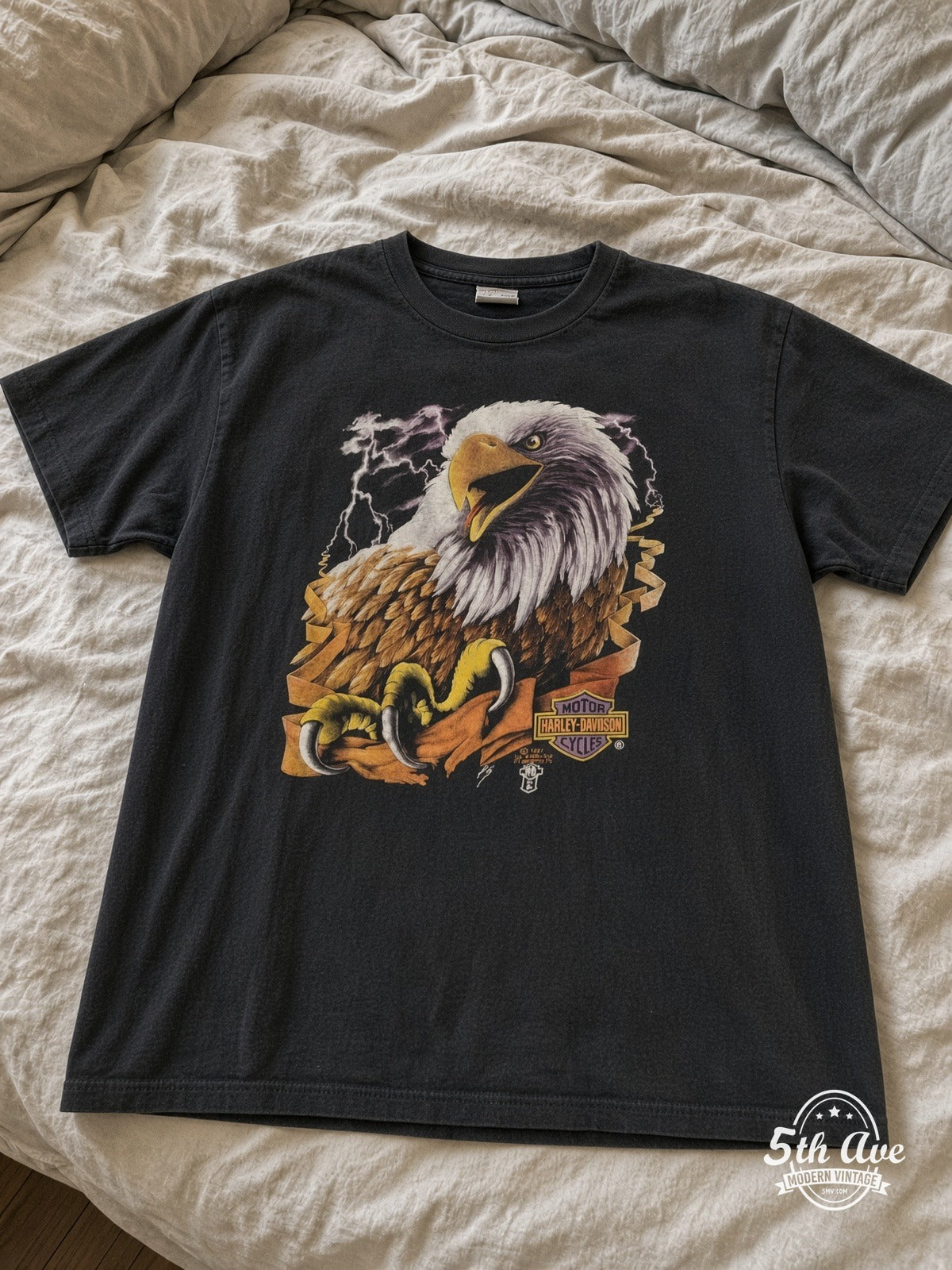 Harley-Davidson Big D's Biker Accessories Florida vintage tee laid on bed