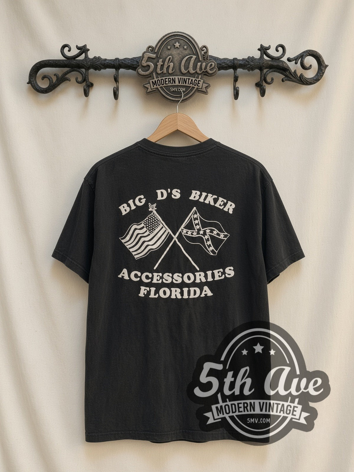 Harley-Davidson Big D's Biker Accessories Florida vintage graphic t-shirt, back view on a display rack