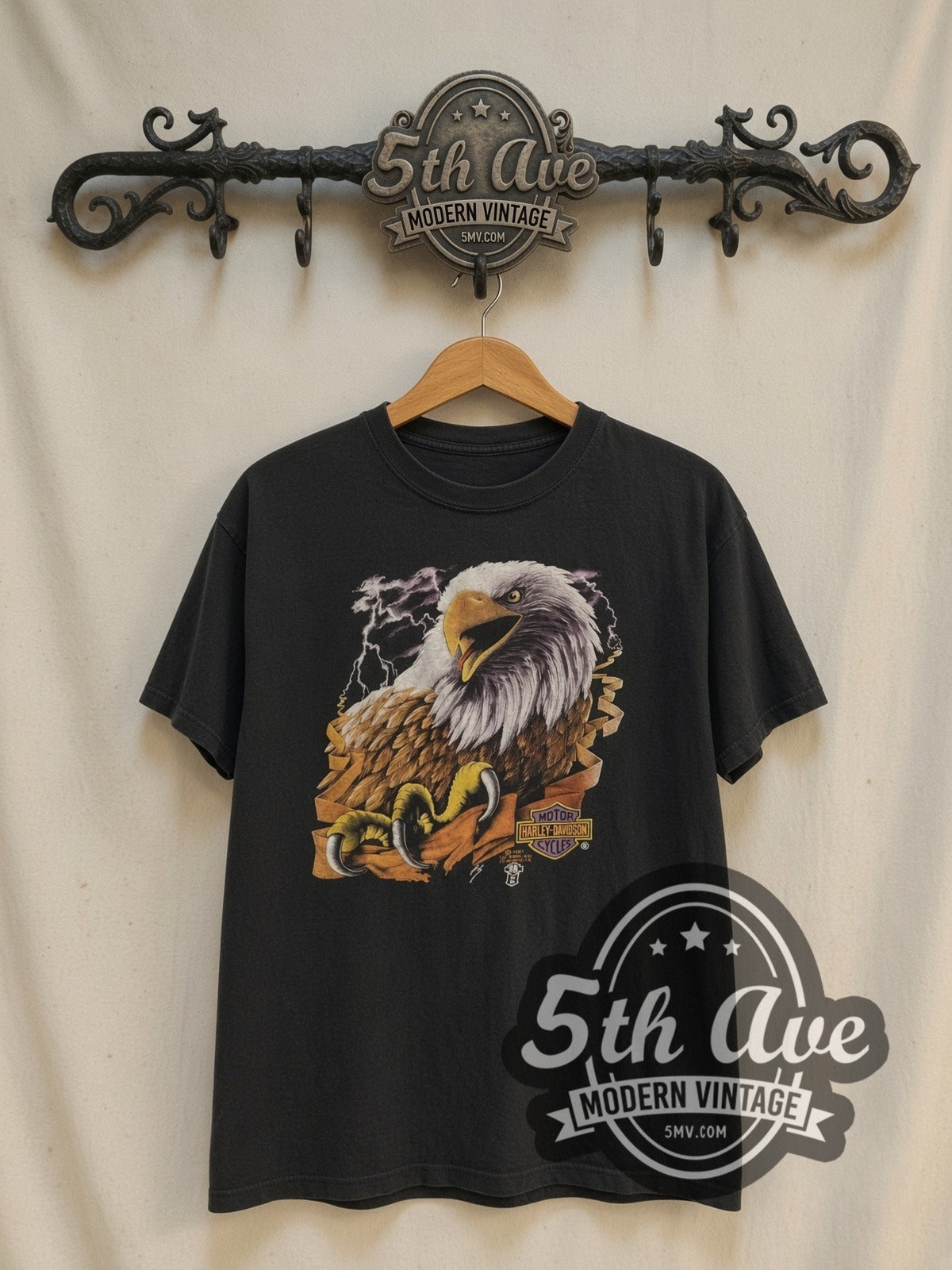 Harley-Davidson Big D's Biker Accessories Florida vintage graphic t-shirt, front view on a display rack