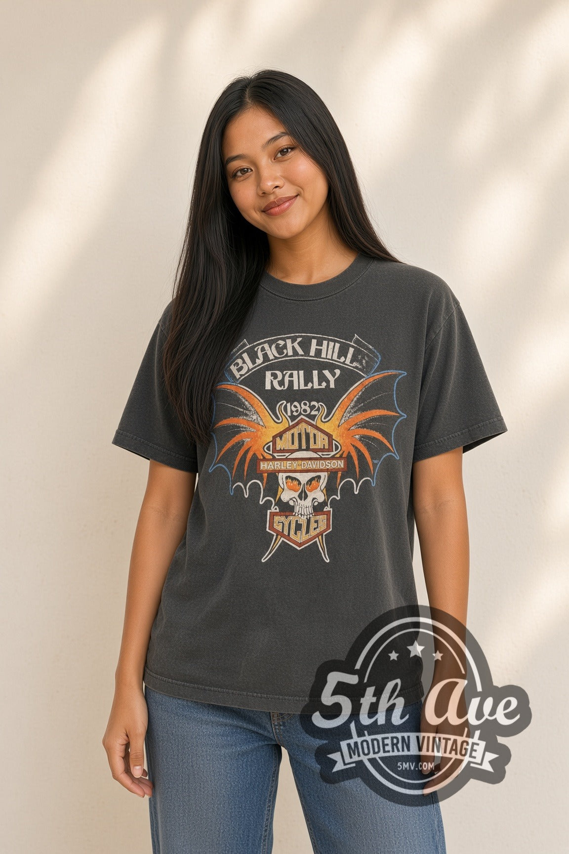 Woman wearing faded black Harley-Davidson Black Hills Rally 1982 / Rapid City S.D. vintage Harley tee