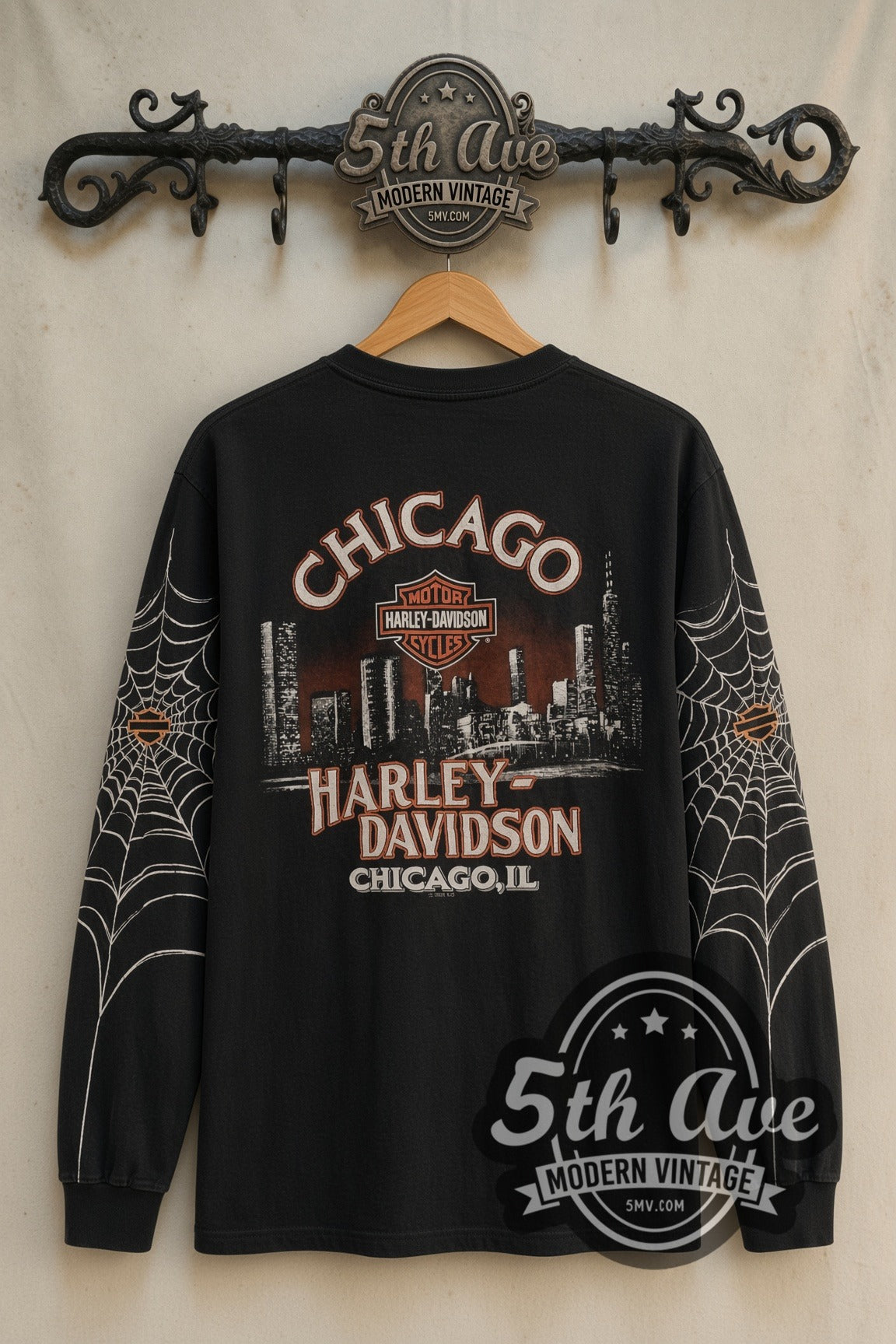 Back print of Harley-Davidson Chicago Spider Wordmark & Skyline long sleeve tee on 5th Ave rack