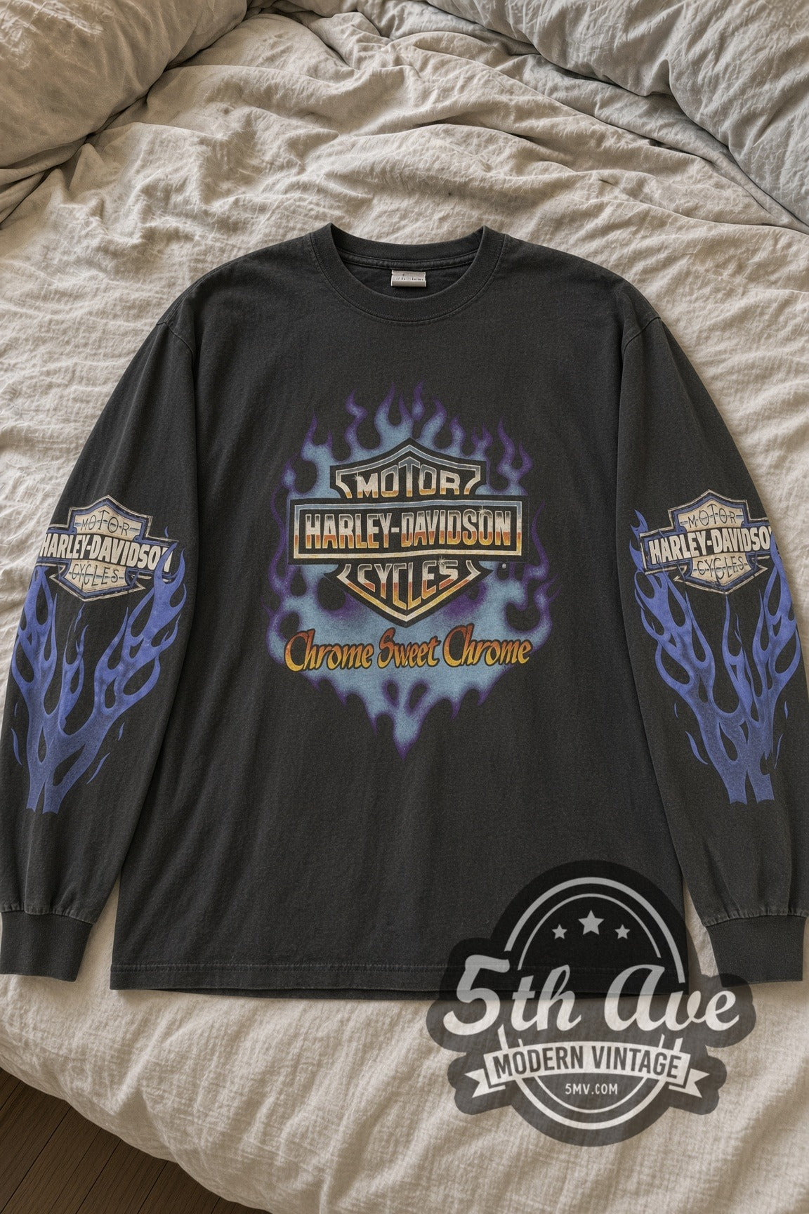 Harley-Davidson Chrome Sweet Chrome vintage graphic tee laid flat on bed