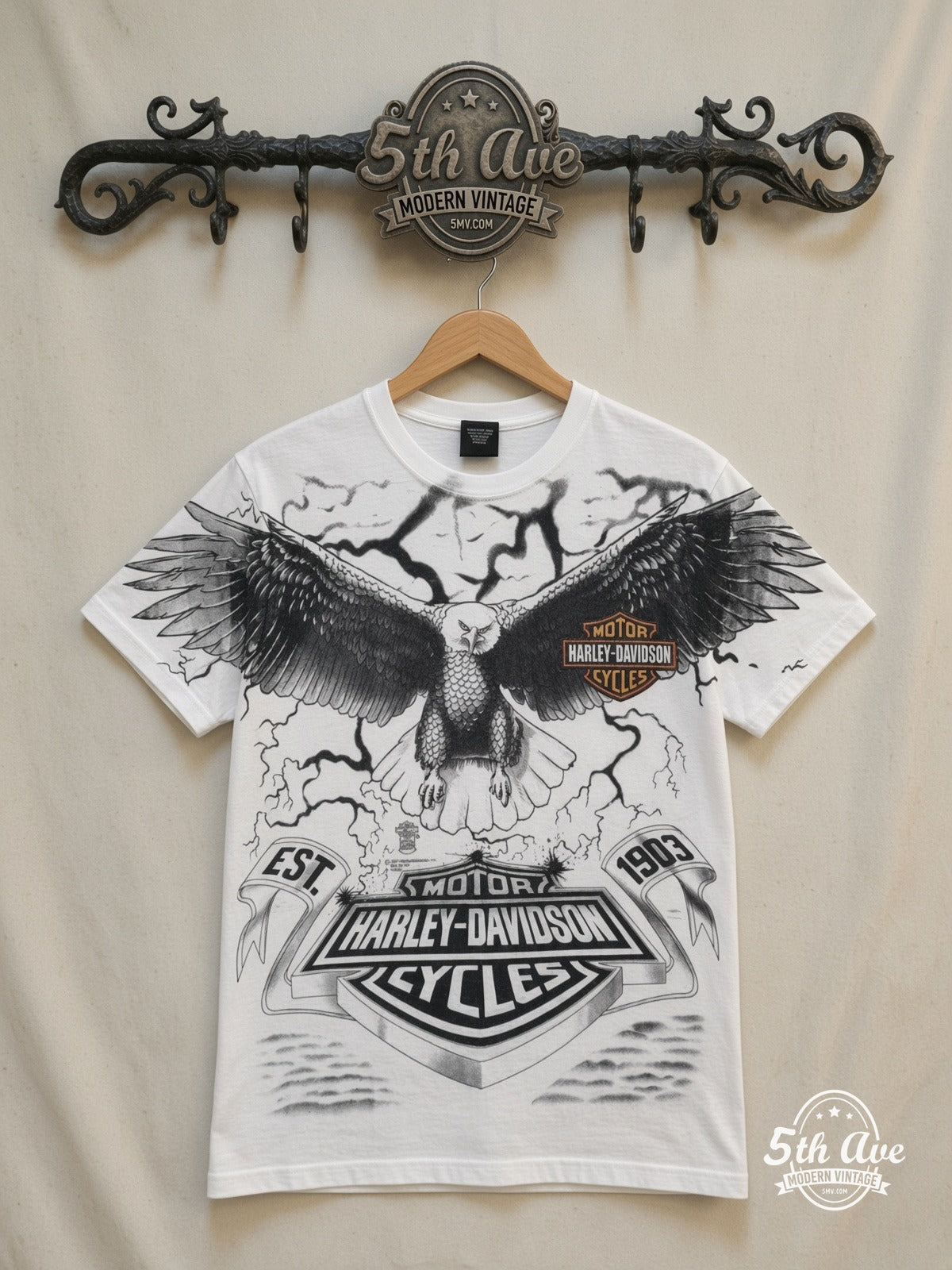 Harley-Davidson Eagle Lightning EST 1903 White all over print vintage graphic tee front on cream 5th Ave rack