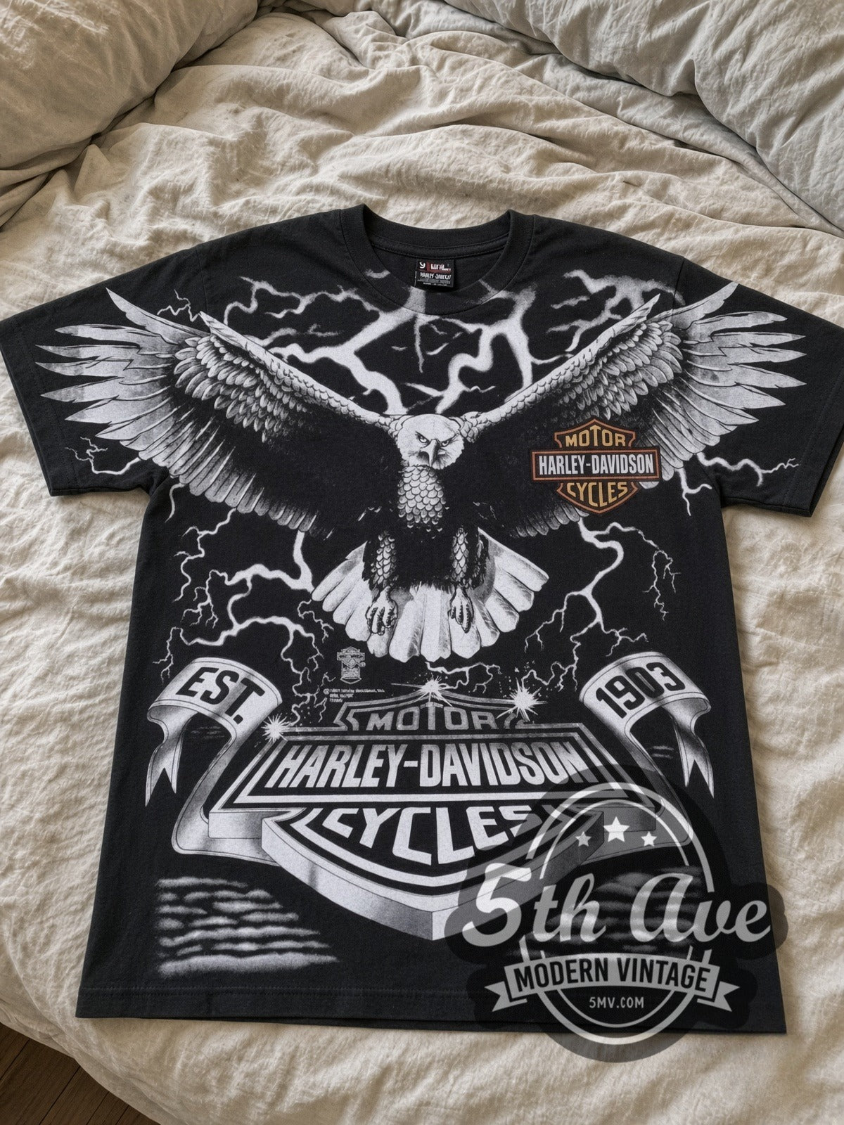 Harley-Davidson Eagle Lightning EST 1903 all-over-print vintage Harley tee laid flat