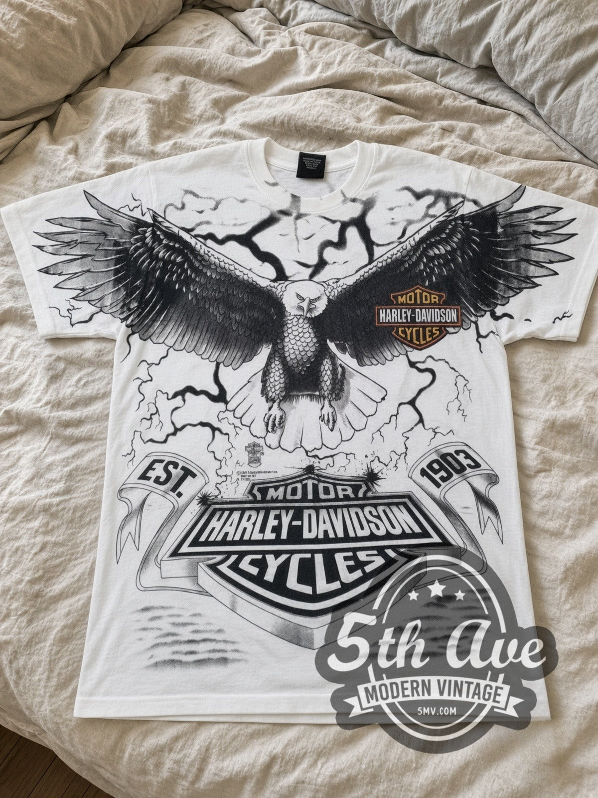 Harley-Davidson Eagle Lightning EST 1903 White all-over-print vintage Harley tee laid flat