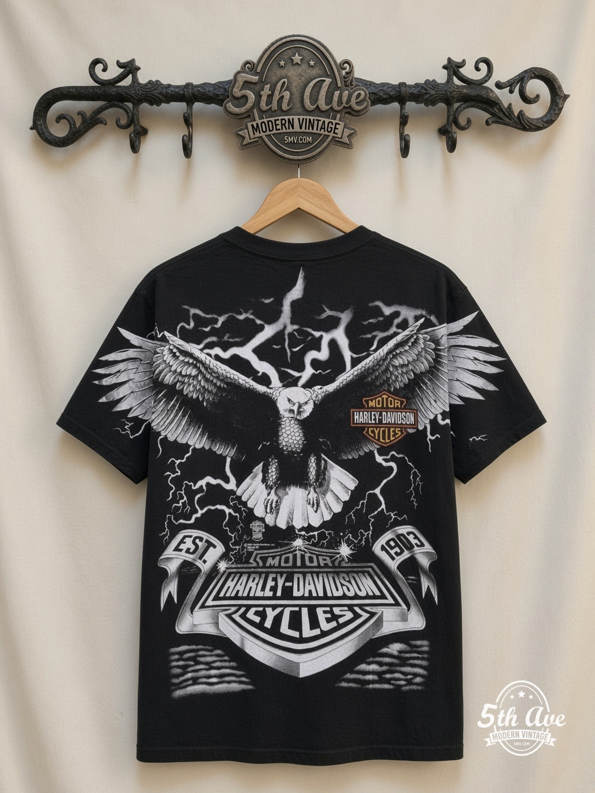 Harley-Davidson Eagle Lightning EST 1903 White all over print vintage graphic tee front on cream 5th Ave rack