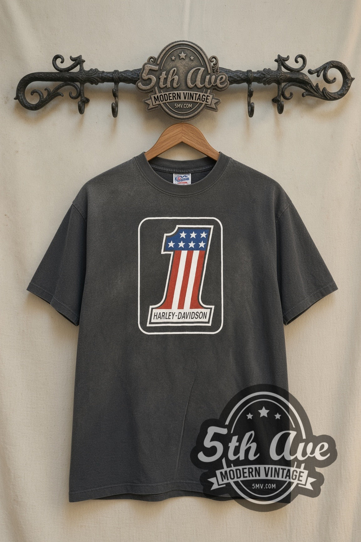 Harley-Davidson Eldridge #1 Shield vintage graphic tee front on cream 5th Ave rack