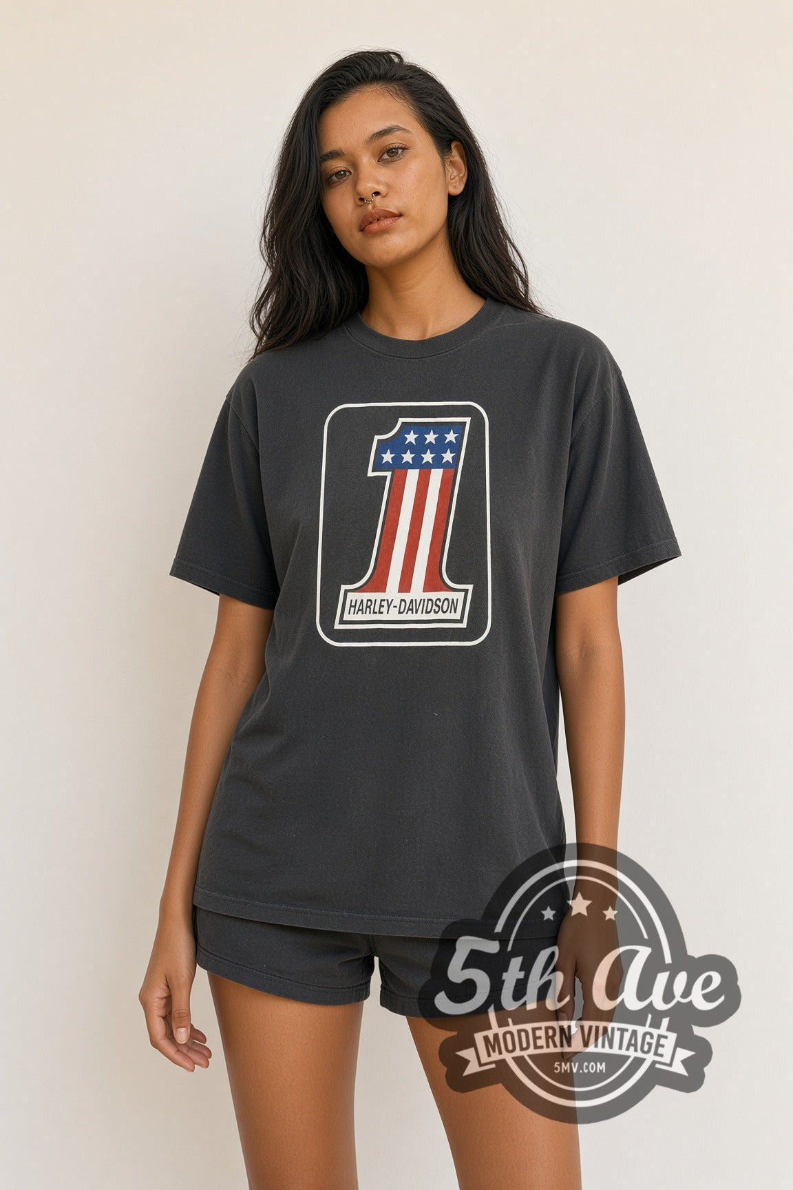 Model wearing Harley-Davidson Eldridge #1 Shield vintage graphic tee